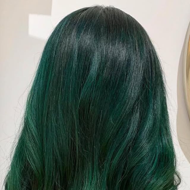Deep emerald green colour on long glossy hair