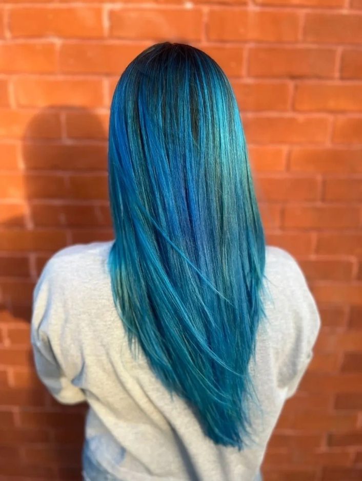 Long straight electric blue and teal hair